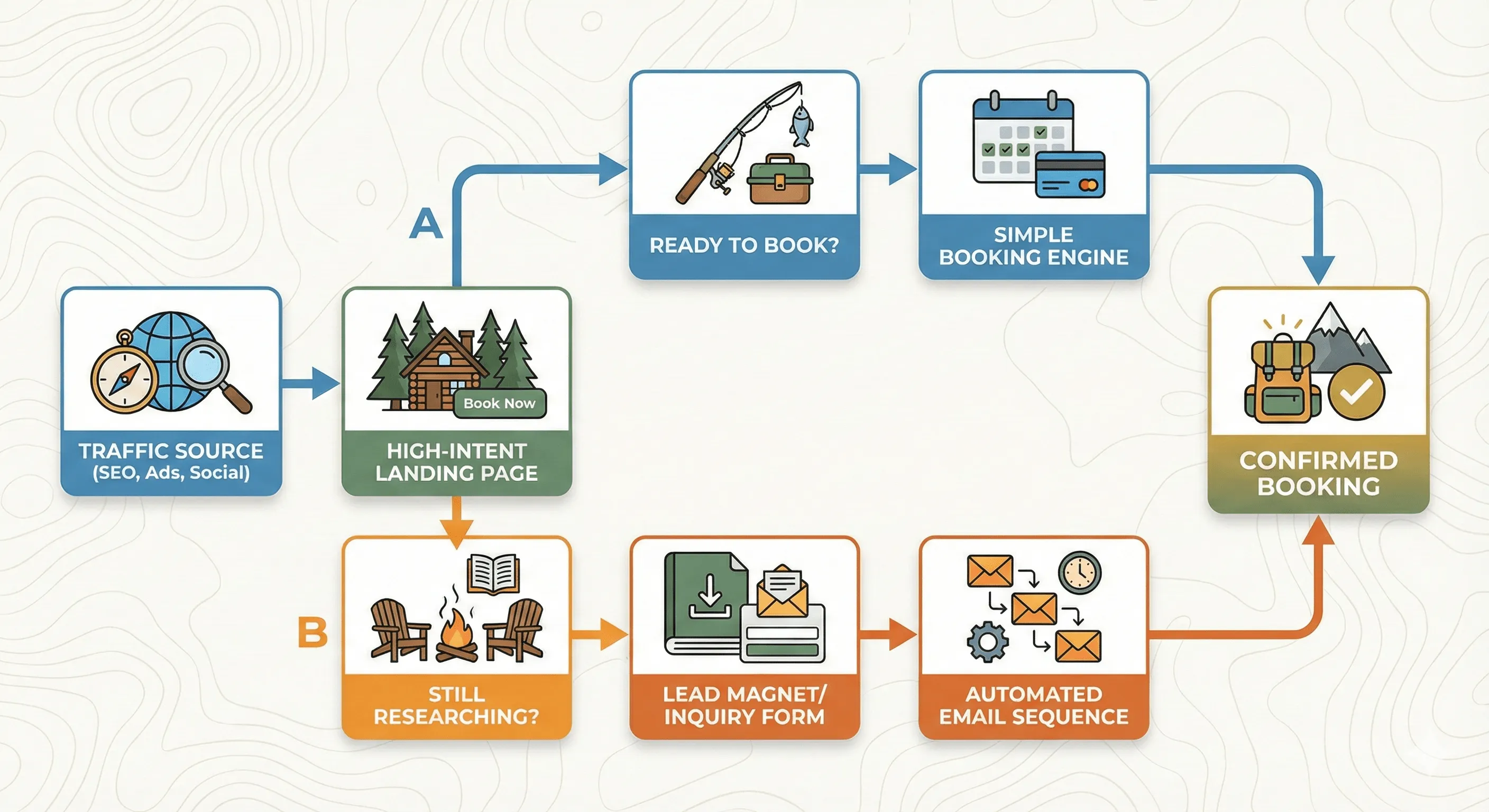 Two paths from a landing page: visitors ready to book go straight to a simple booking flow, visitors still researching get an inquiry form and an automated email sequence